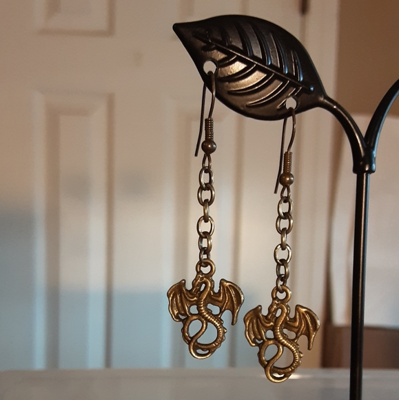 Handmade Bronze Colored Dragon Earrings  2" Long - Picture 3 of 3